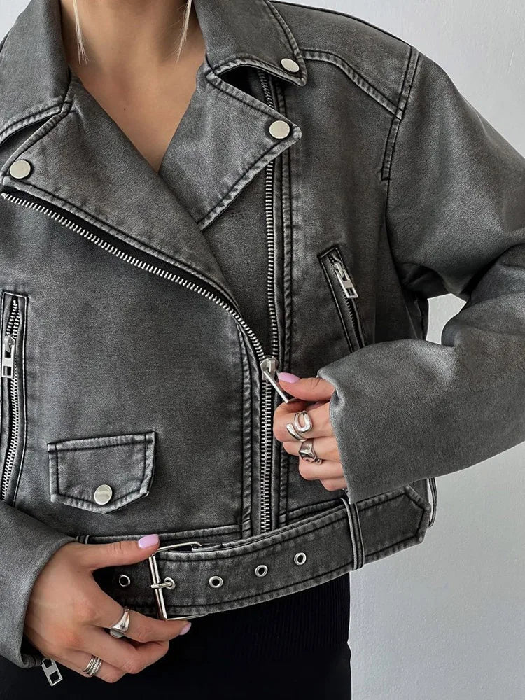 Women's Retro PU Leather Jacket Loose Fit Zipper Belt