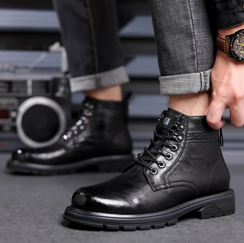 Men's Vintage Leather Snow Boots Microfiber Lace Up Outdoor