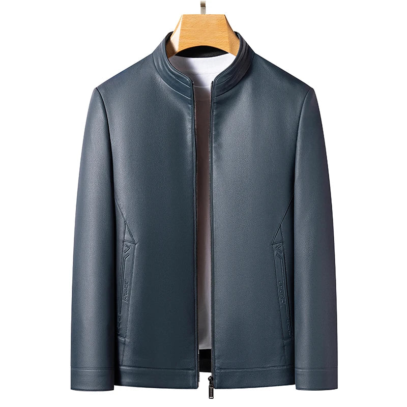 Men's Stand Collar Leather Jacket Natural Sheepskin Biker Style