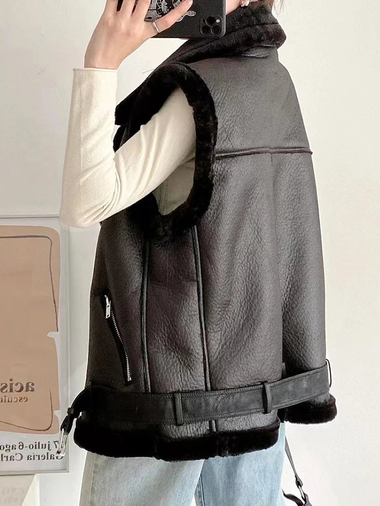 Women's Faux Leather Vest Loose Warm Moto Biker Waistcoat