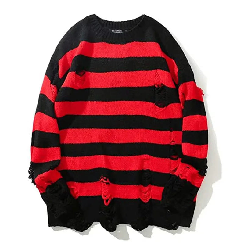 Men's Black Stripe Ripped Sweater Oversized Harajuku Pullover