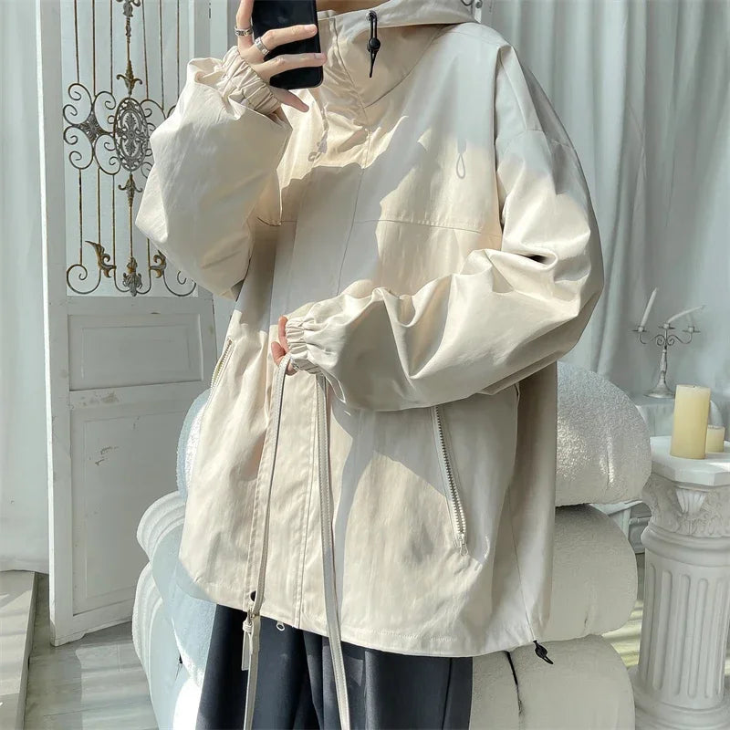 Men's Hooded Bomber Jacket Loose Fit Cargo Windbreaker Zipper