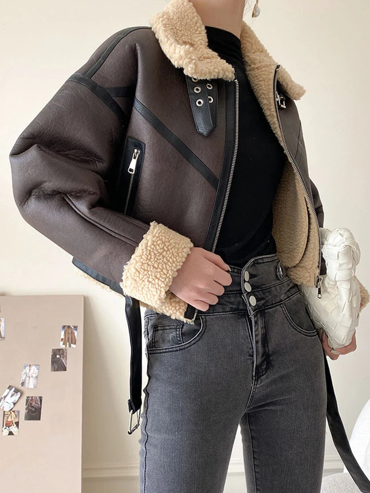 Women's Brown Faux Leather Coat Lamb Fur Retro Streetwear