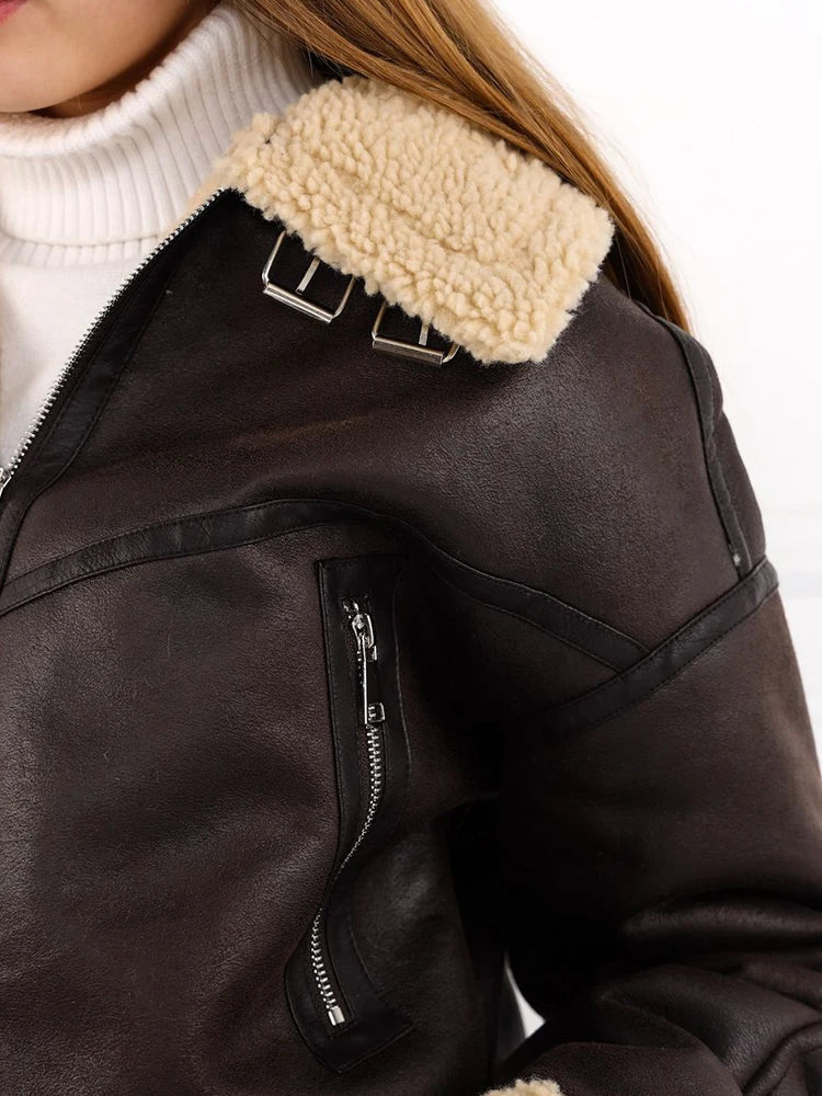 Women's Vintage Faux Lamb Jacket Loose Fit Moto Biker