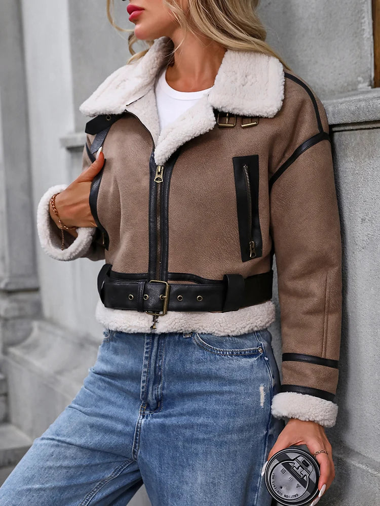 Women's Loose Faux Lamb Fur Coat Retro Zipper Belt