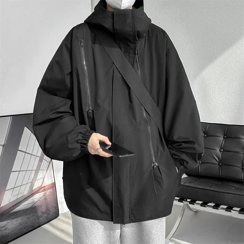 Men's Hooded Bomber Jacket Loose Fit Cargo Windbreaker Zipper