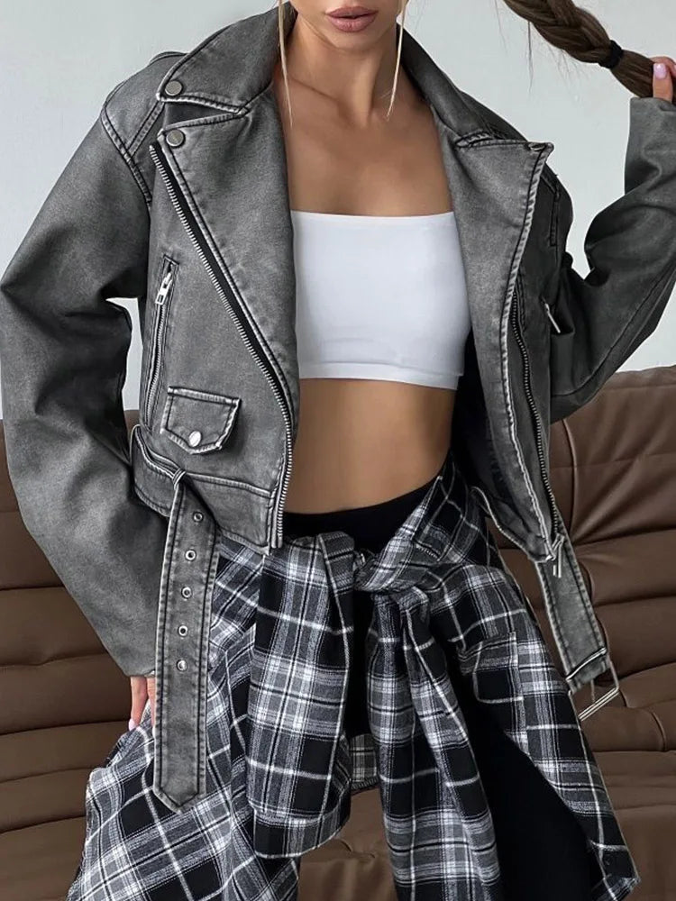 Women's Retro PU Leather Jacket Loose Fit Zipper Belt