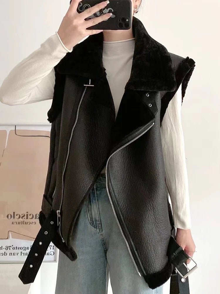 Women's Faux Leather Vest Loose Warm Moto Biker Waistcoat