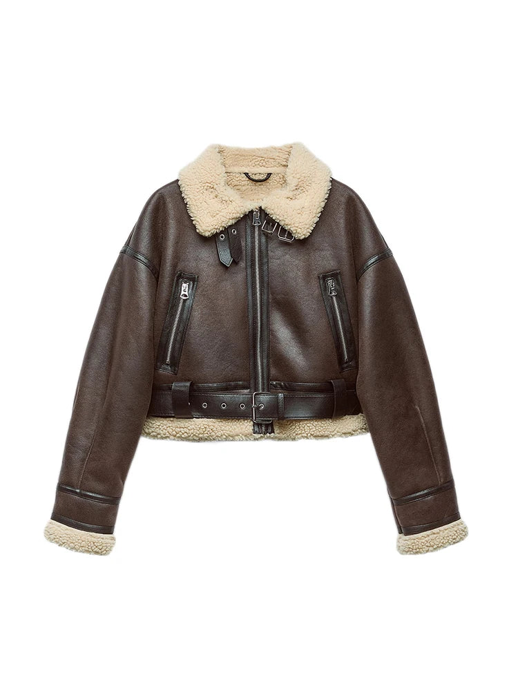 Women's Faux Lamb Leather Jacket Retro Fur Autumn Winter