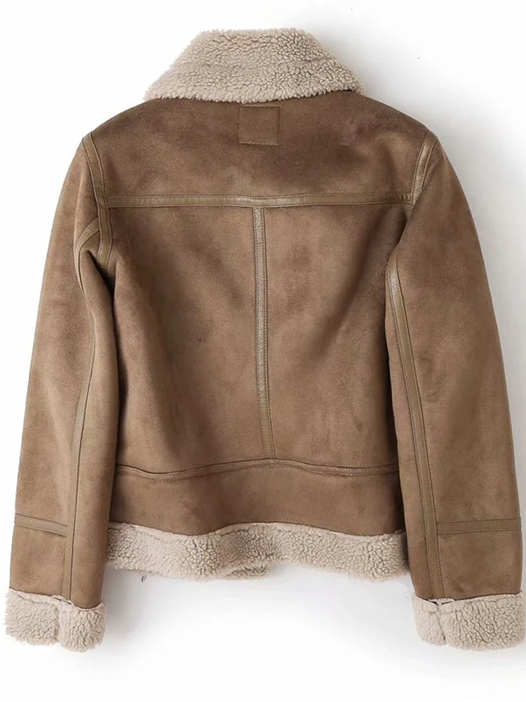 Women's Faux Shearling Jacket Thick Warm Motorcycle Brown