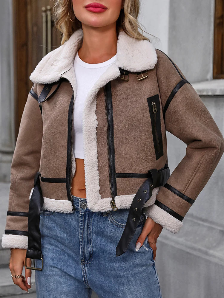 Women's Loose Faux Lamb Fur Coat Retro Zipper Belt