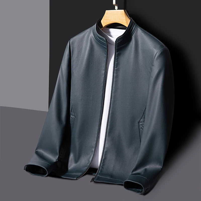 Men's Stand Collar Leather Jacket Natural Sheepskin Biker Style