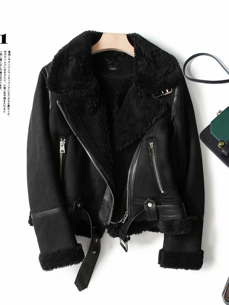 Women's Faux Shearling Jacket Thick Warm Motorcycle Brown