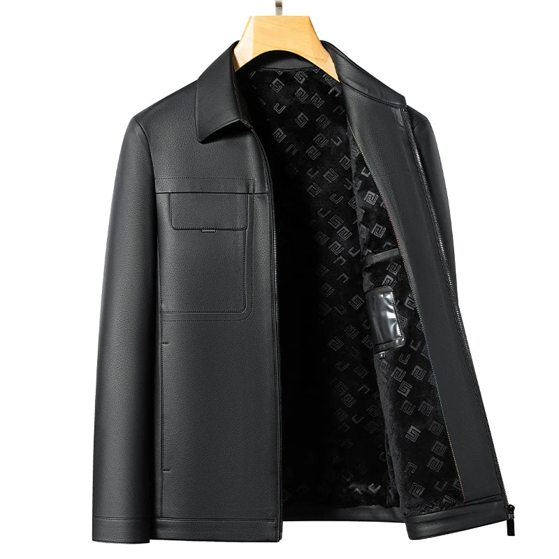 Men's Lapel Leather Jacket Natural Sheepskin Casual Business
