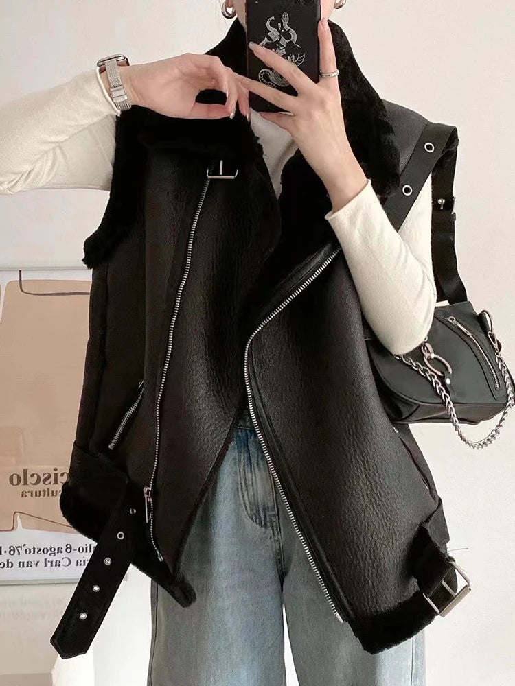 Women's Faux Leather Vest Loose Warm Moto Biker Waistcoat