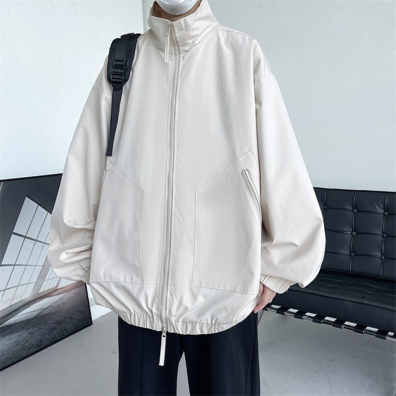 Men's Hooded Bomber Jacket Loose Fit Cargo Windbreaker Zipper