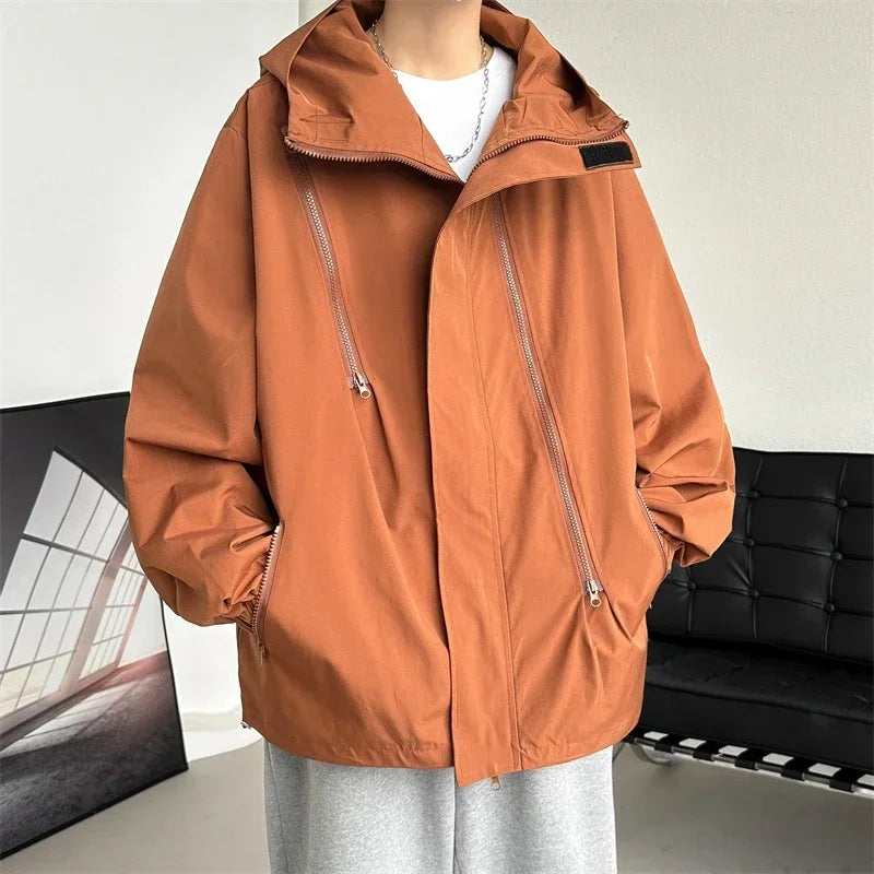 Men's Hooded Bomber Jacket Loose Fit Cargo Windbreaker Zipper