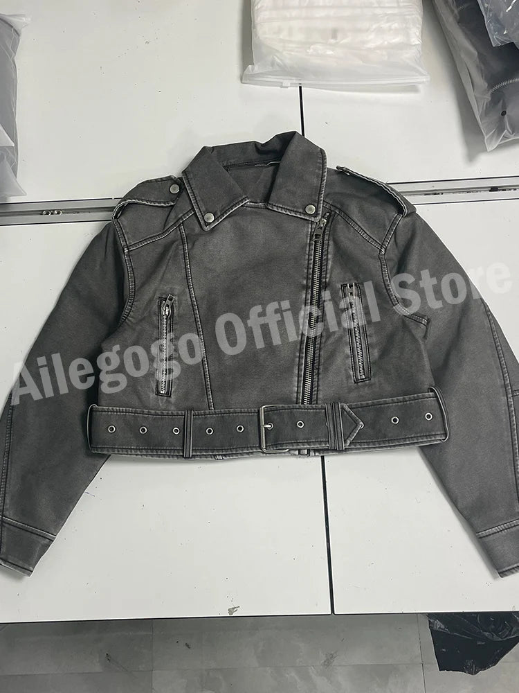 Women's Faux Leather Jacket Vintage Loose Washed Streetwear