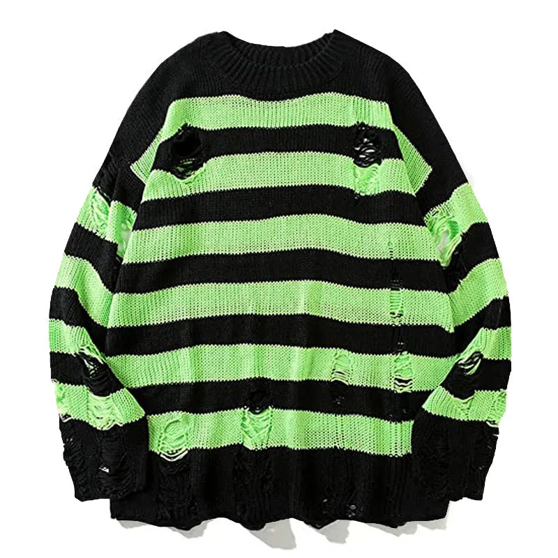 Men's Black Stripe Ripped Sweater Oversized Harajuku Pullover