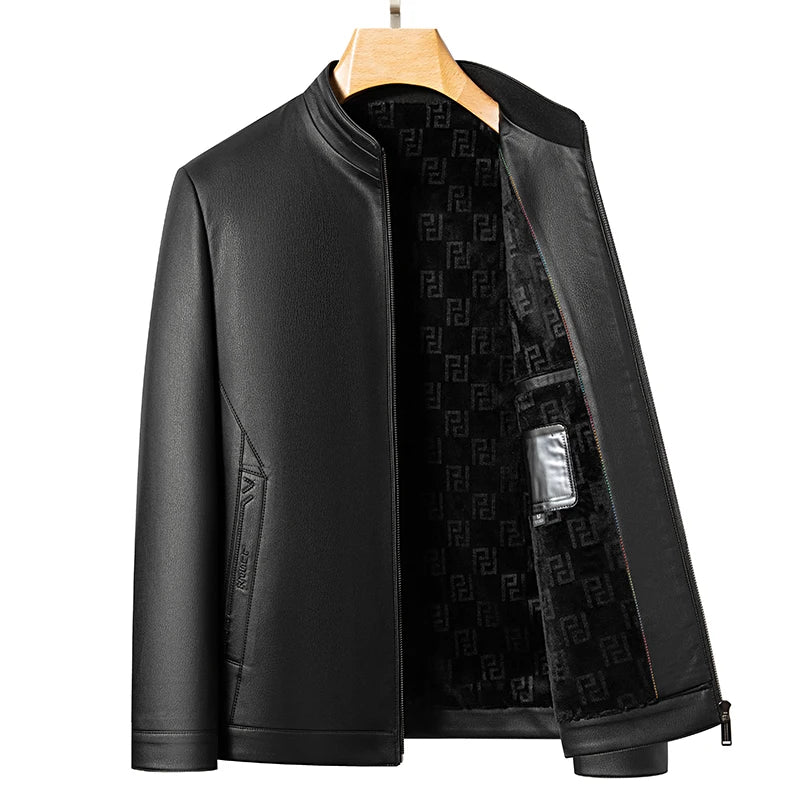 Men's Stand Collar Leather Jacket Natural Sheepskin Biker Style