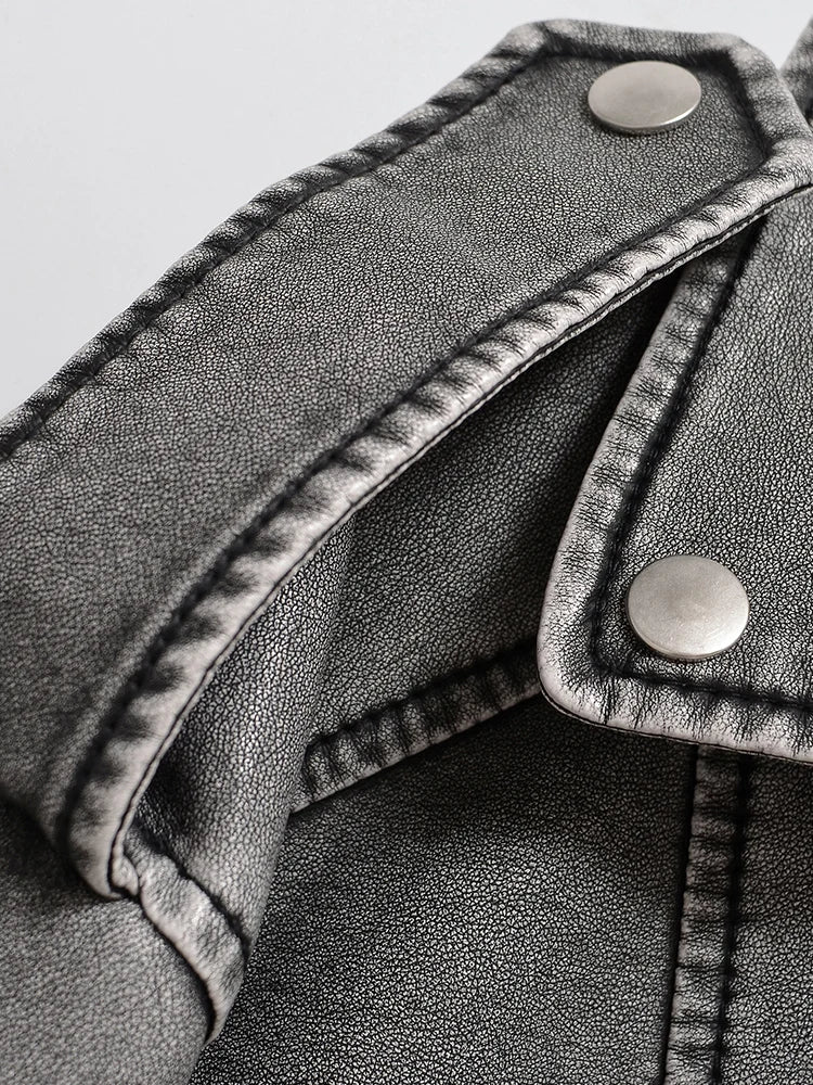 Women's Faux Leather Jacket Vintage Loose Washed Streetwear