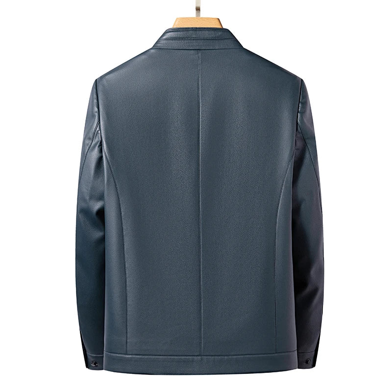 Men's Stand Collar Leather Jacket Natural Sheepskin Biker Style
