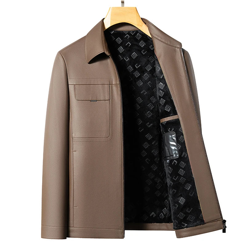 Men's Lapel Leather Jacket Natural Sheepskin Casual Business