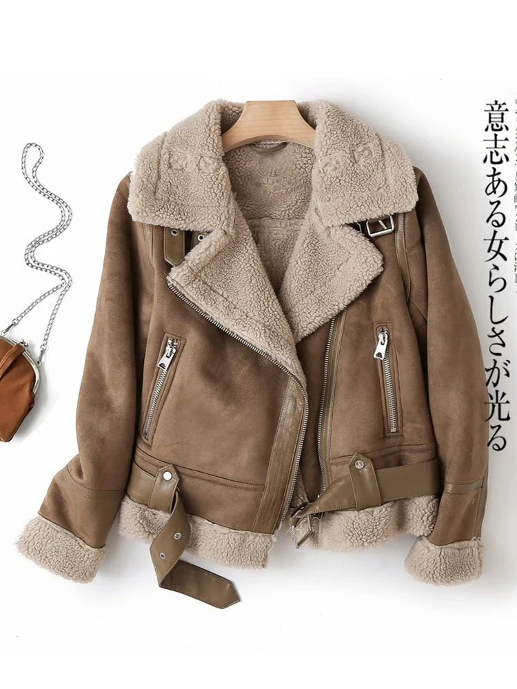 Women's Faux Shearling Jacket Thick Warm Motorcycle Brown