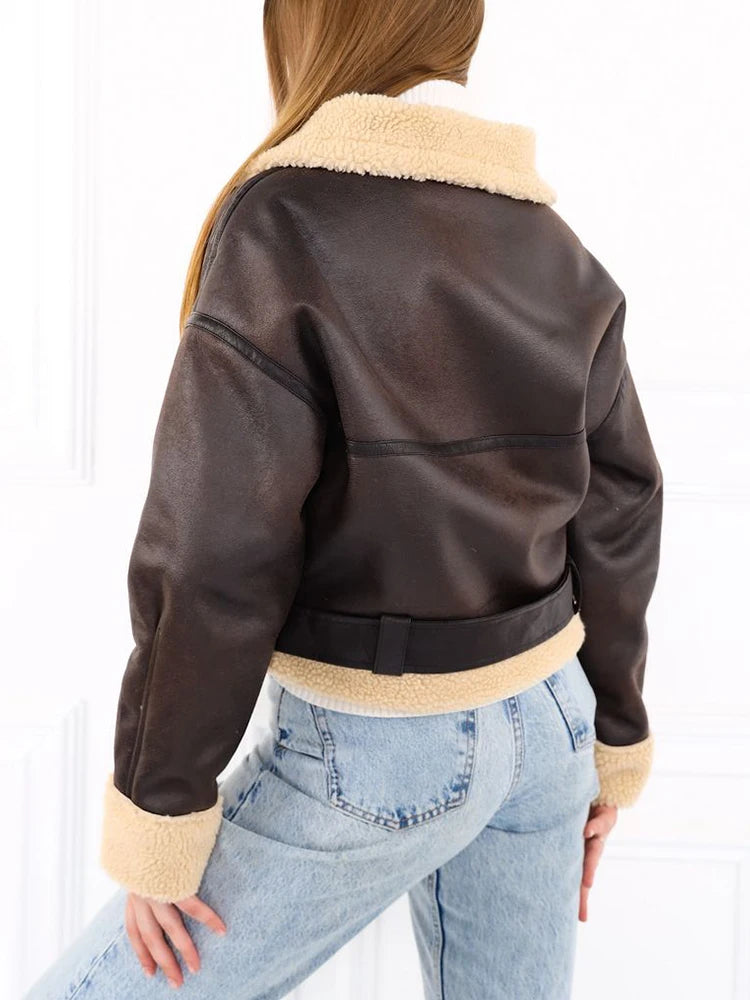 Women's Vintage Faux Lamb Jacket Loose Fit Moto Biker
