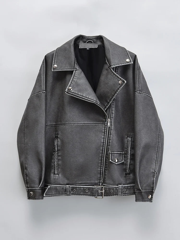Women's Retro PU Leather Jacket Loose Fit Zipper Belt