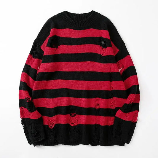 Men's Black Stripe Ripped Sweater Oversized Harajuku Pullover