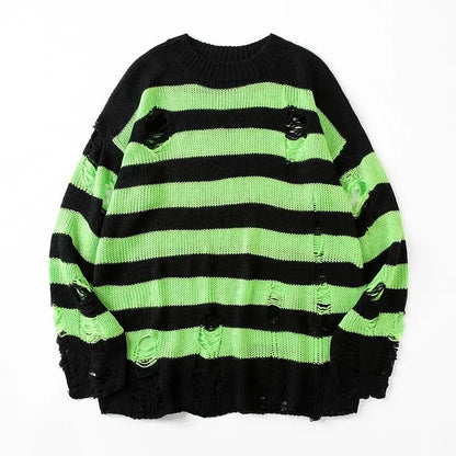 Men's Black Stripe Ripped Sweater Oversized Harajuku Pullover