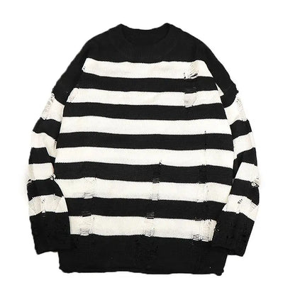 Men's Black Stripe Ripped Sweater Oversized Harajuku Pullover