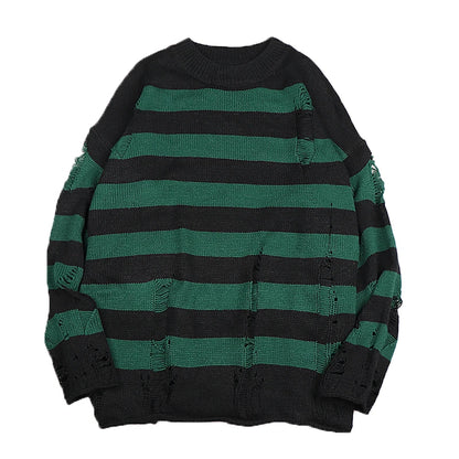 Men's Black Stripe Ripped Sweater Oversized Harajuku Pullover