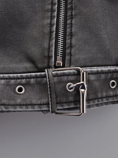 Women's Retro PU Leather Jacket Loose Fit Zipper Belt