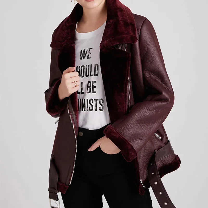 Women's Thick Faux Leather Fur Coat Spliced Aviator Winter