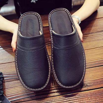 Men's Women's Leather Slippers Spring Autumn Indoor Brown
