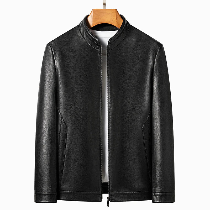 Men's Leather Polo Jacket Mock Neck Slim Fit Black Grey