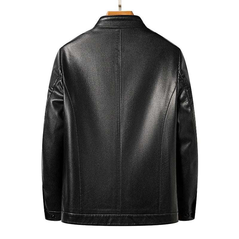 Men's Leather Polo Jacket Mock Neck Slim Fit Black Grey