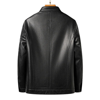 Men's Leather Polo Jacket Mock Neck Slim Fit Black Grey