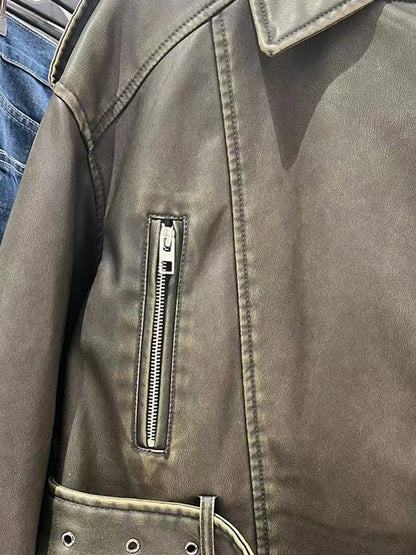 Women's PU Leather Jacket Vintage Loose Belt Streetwear