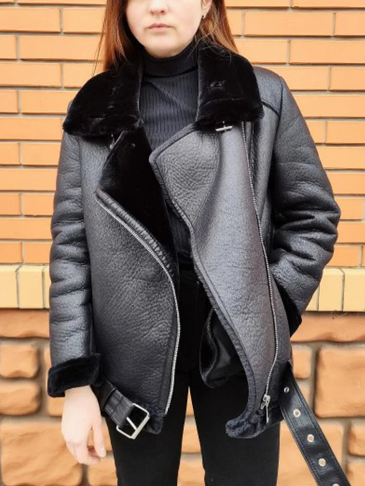 Women's Faux Leather Fur Jacket Thick Aviator Winter