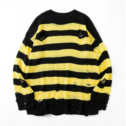 Men's Black Stripe Ripped Sweater Oversized Harajuku Pullover