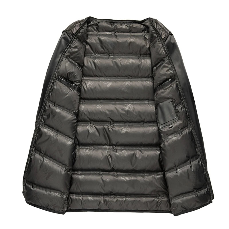 Men's Hooded Leather Down Jacket Detachable Duck Down Liner