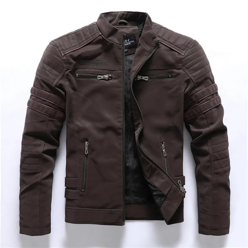 Men's PU Leather Jacket Vintage Fleece Warm Multi-Pocket