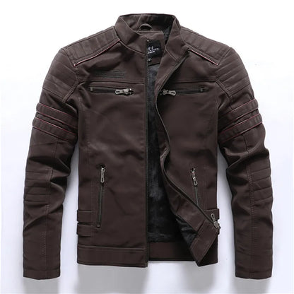 Men's PU Leather Jacket Vintage Fleece Warm Multi-Pocket