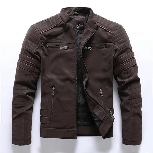 Men's PU Leather Jacket Vintage Fleece Warm Multi-Pocket