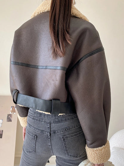 Women's Brown Faux Leather Coat Lamb Fur Retro Streetwear