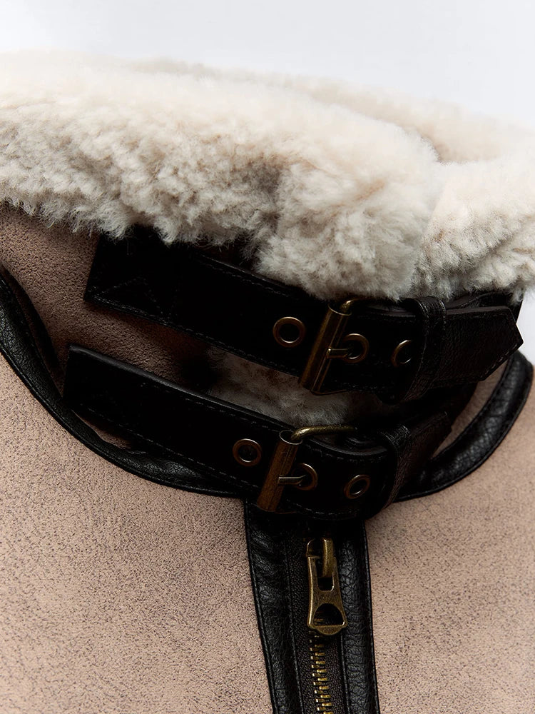 Women's Retro Faux Leather Jacket Spliced Fur Zipper Belt