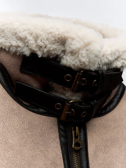 Women's Retro Faux Leather Jacket Spliced Fur Zipper Belt